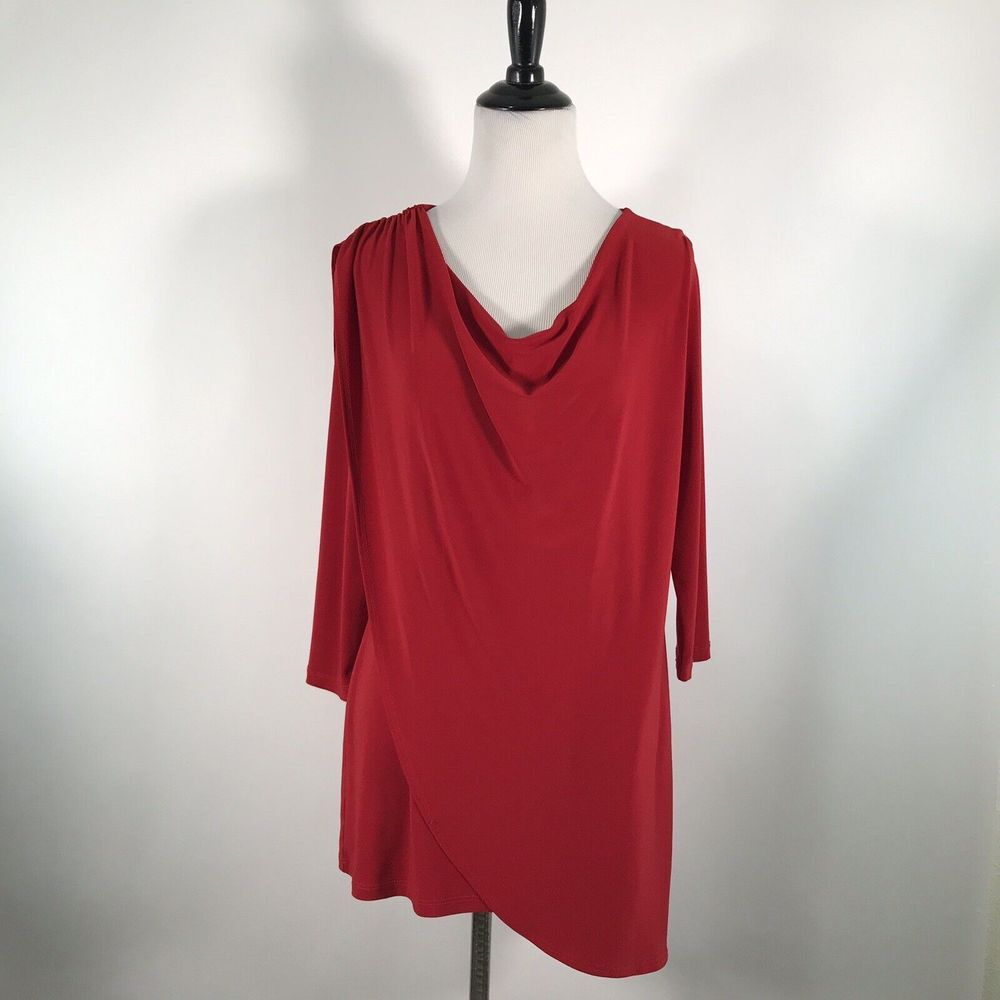 Clara Sunwoo Red Cowl Neck Asymmetrical Tulip‎ Hem Tunic Top XS Long Sleeve